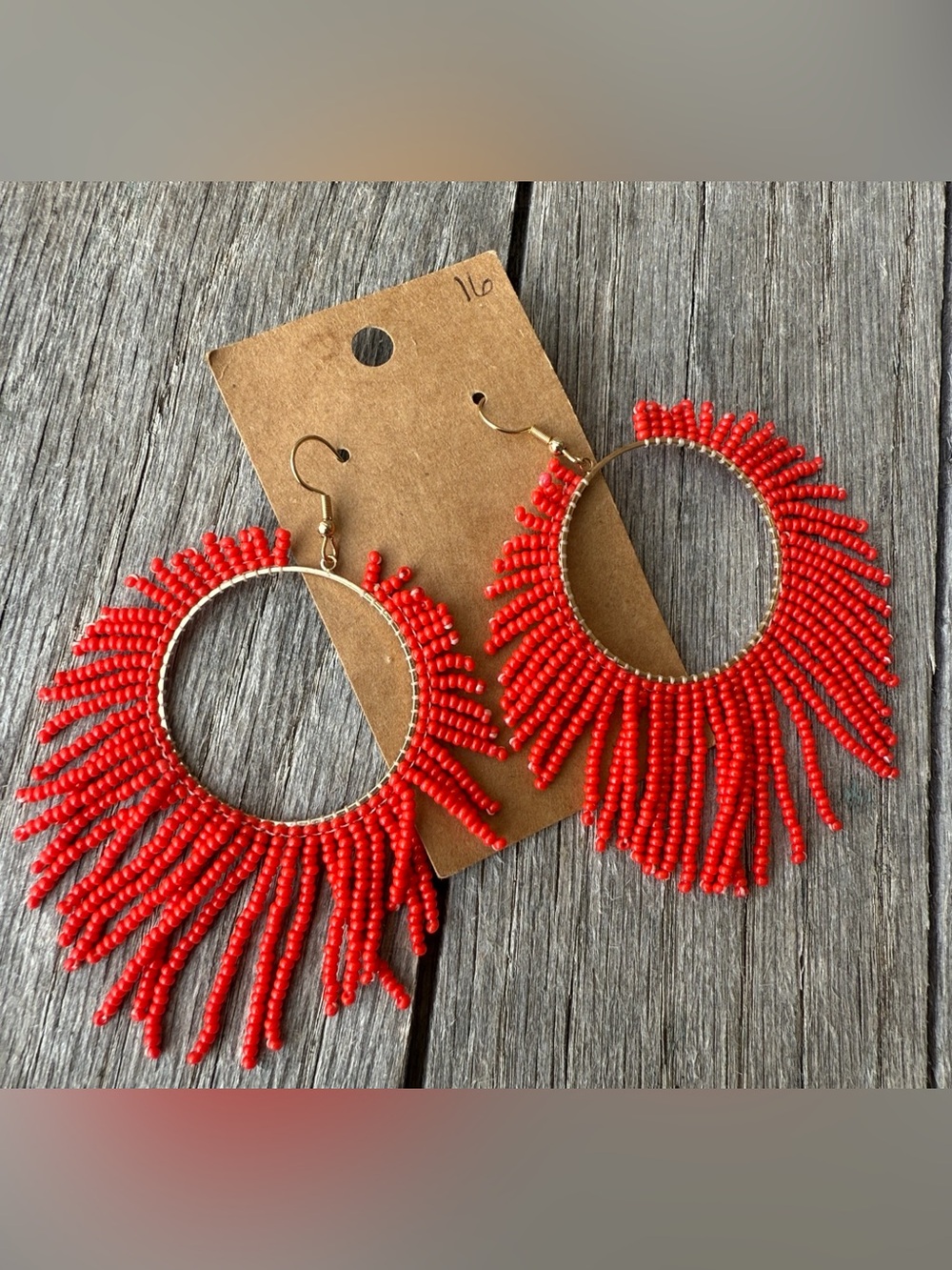 Gold hoop boutique earrings w/coral red dangling beeds